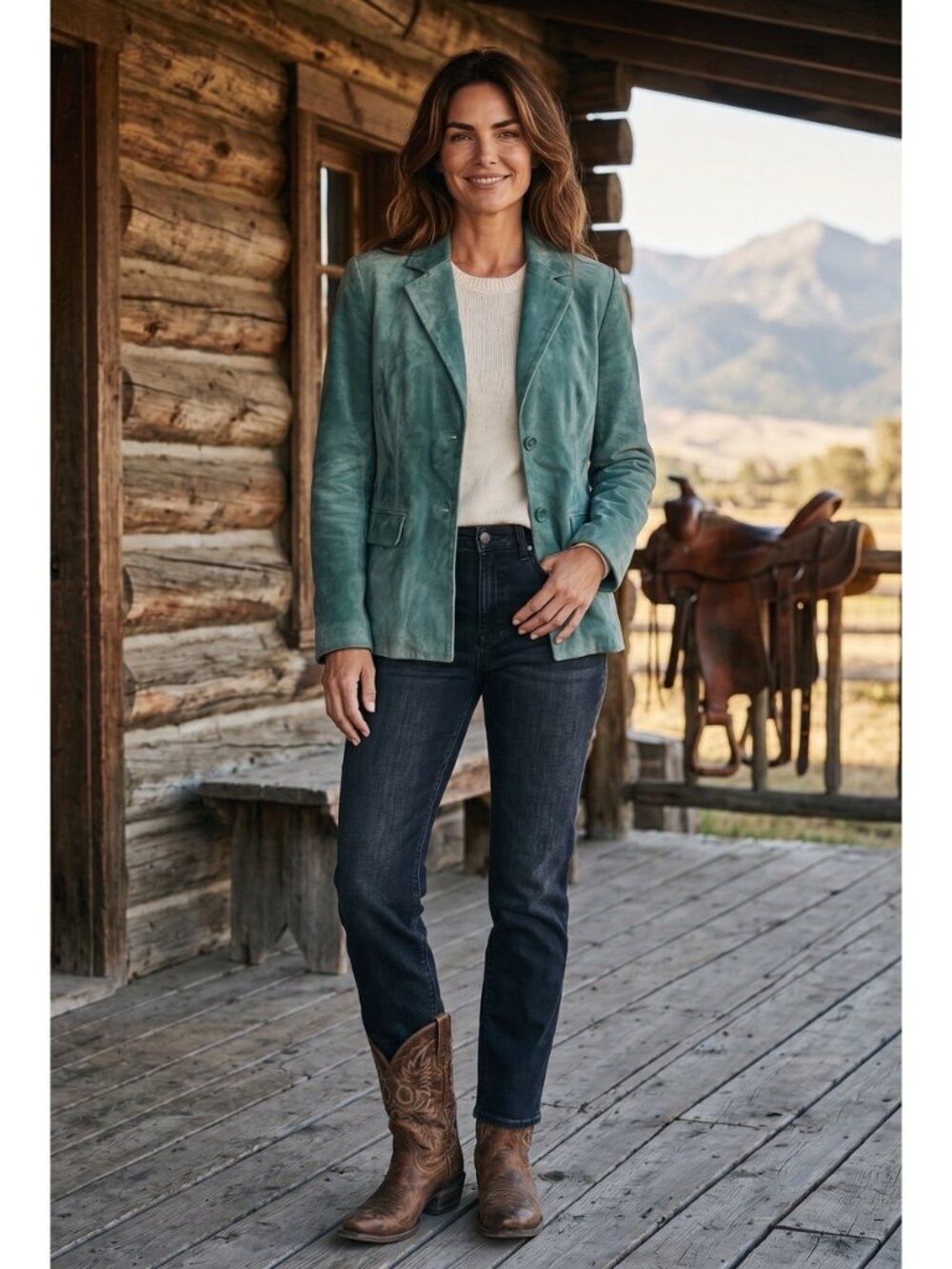 Vintage Suede Leather Jacket Blazer Women 8 Turquoise Western Cowgirl Yellowston